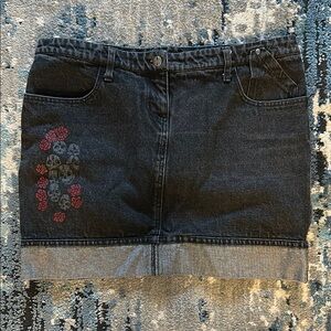 Black Denim Skirt with Red Floral Embroidery